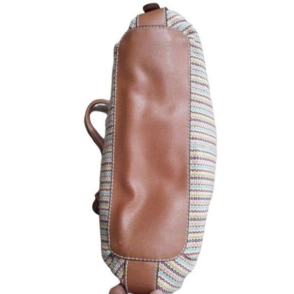 Fossil Bucket Bag Tote Boho Retro Rainbow Striped Tapestry Round Top Handle Sz L - Picture 8 of 14